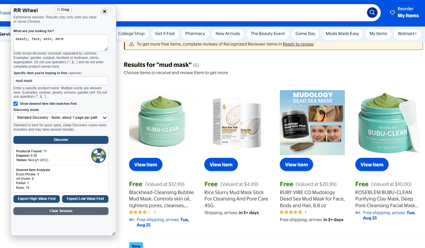 RR Wheel product discovery interface displaying search controls, discovery mode, live progress, result analysis, and Walmart Recognized Reviewer product results